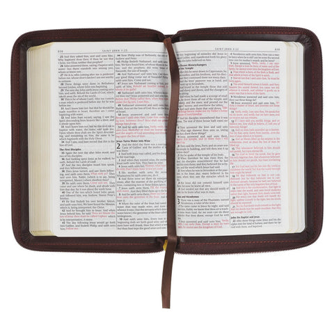 Burgundy and Saddle Tan Framed Faux Leather Compact King James Version Bible with Zippered Closure