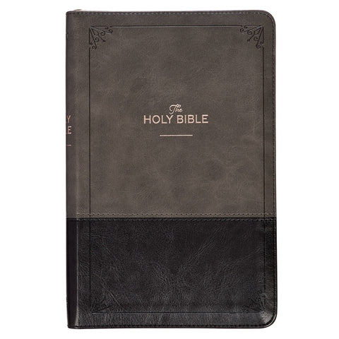 Gray and Black Faux Leather King James Version Deluxe Gift Bible with Thumb Index and Zippered Closure