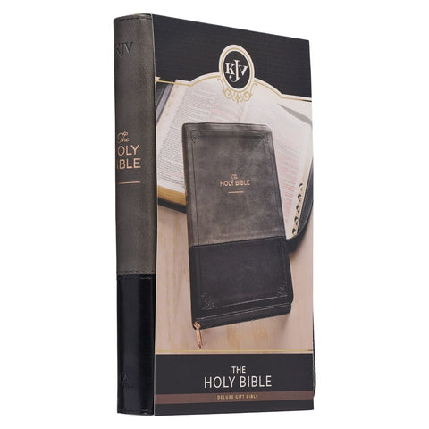 Gray and Black Faux Leather King James Version Deluxe Gift Bible with Thumb Index and Zippered Closure