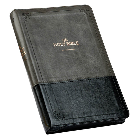 Gray and Black Faux Leather King James Version Deluxe Gift Bible with Thumb Index and Zippered Closure