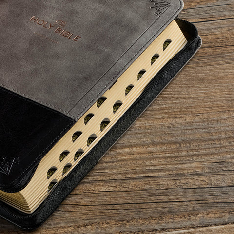 Gray and Black Faux Leather King James Version Deluxe Gift Bible with Thumb Index and Zippered Closure