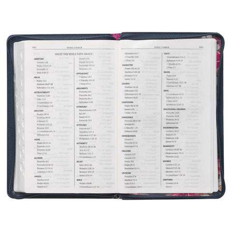 Floral Blue Faux Leather King James Version Deluxe Gift Bible with Thumb Index and Zippered Closure