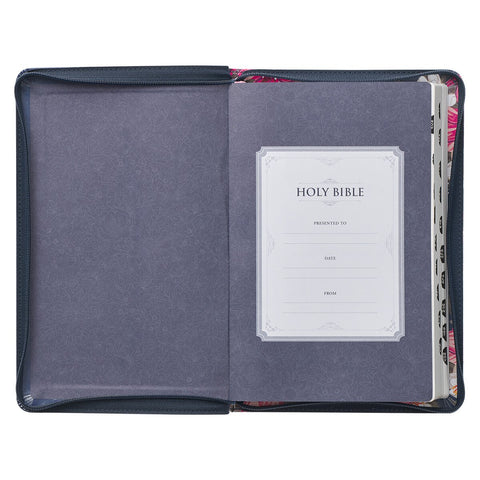 Floral Blue Faux Leather King James Version Deluxe Gift Bible with Thumb Index and Zippered Closure