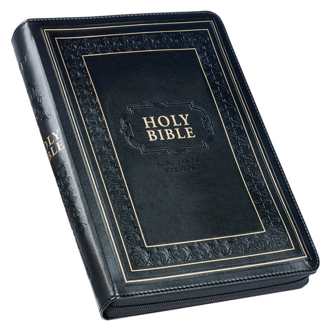 Black Framed Faux Leather Giant Print Full-size King James Version Bible with Thumb Index and Zippered Closure