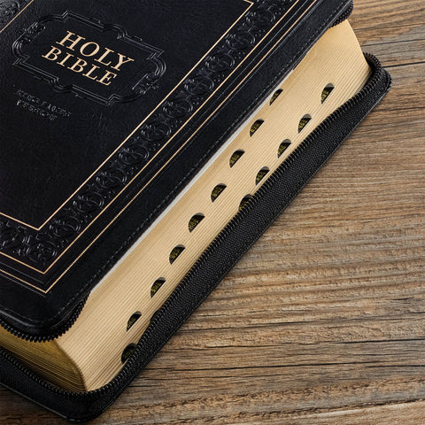 Black Framed Faux Leather Giant Print Full-size King James Version Bible with Thumb Index and Zippered Closure