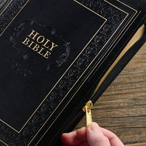 Black Framed Faux Leather Giant Print Full-size King James Version Bible with Thumb Index and Zippered Closure