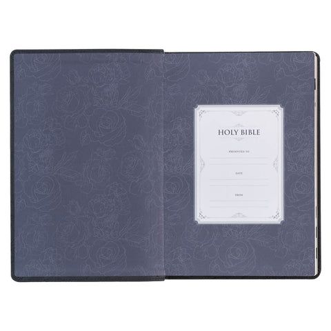 Floral Black Faux Leather Large Print Thinline King James Version Bible with Thumb Index