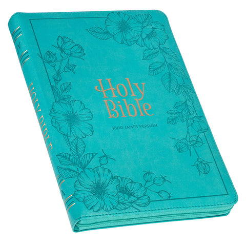 Vibrant Teal Faux Leather Large Print Thinline King James Version Bible with Zippered Closure and Thumb Index