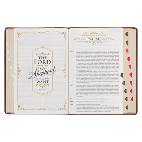 Art Nouveau Framed Toffee Brown Faux Leather Large Print King James Study Bible with Thumb Index