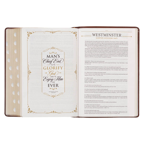 Art Nouveau Framed Toffee Brown Faux Leather Large Print King James Study Bible with Thumb Index