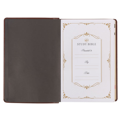 Art Nouveau Framed Toffee Brown Faux Leather Large Print King James Study Bible with Thumb Index