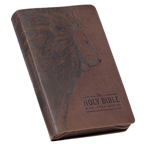 Walnut Brown Faux Leather King James Version Deluxe Gift Bible with Thumb Index and Zippered Closure