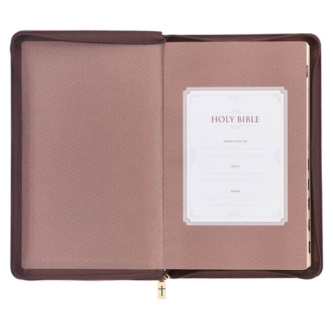 Walnut Brown Faux Leather King James Version Deluxe Gift Bible with Thumb Index and Zippered Closure