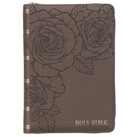 Floral Dusty Taupe Faux Leather Large Print Compact King James Version Bible