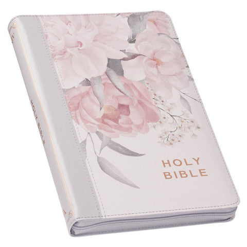 Frosty Gray and Pink Floral Faux Leather King James Version Deluxe Gift Bible with Thumb Index and Zipper Closure