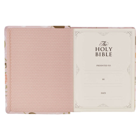 Peach Floral Margo Collection Faux Leather King James Version Note-taking Bible - Proverbs 31:25