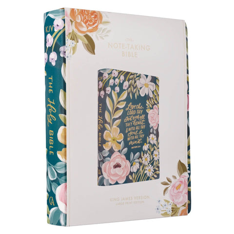 Teal Floral Ally Collection Large Print Faux Leather King James Version Note-taking Bible - Matthew 22:37
