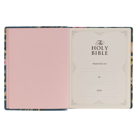 Teal Floral Ally Collection Large Print Faux Leather King James Version Note-taking Bible - Matthew 22:37