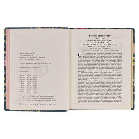 Teal Floral Ally Collection Large Print Faux Leather King James Version Note-taking Bible - Matthew 22:37