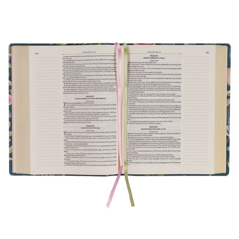 Teal Floral Ally Collection Large Print Faux Leather King James Version Note-taking Bible - Matthew 22:37