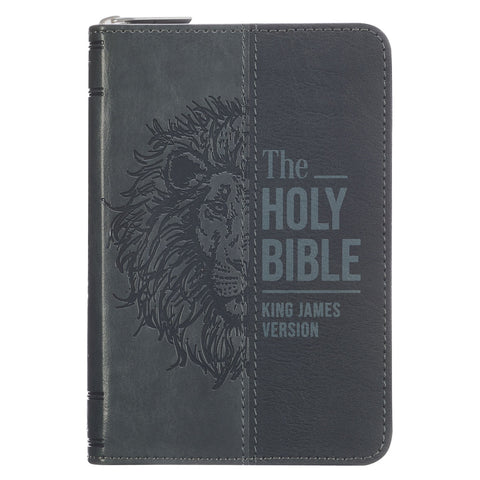 Gray Lion Faux Leather King James Version Pocket Bible with Zipper Closure