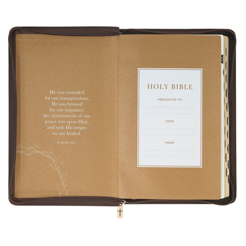 Crown of Thorns Two-tone Brown Faux Leather King James Version Deluxe Gift Bible with Thumb Index and Zipper Closure