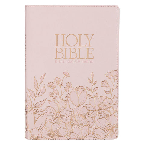 Whisper Pink Floral Faux Leather Large Print Thinline King James with Thumb Index