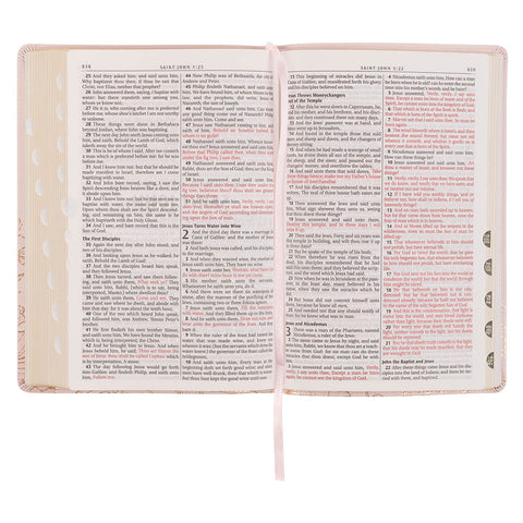 Whisper Pink Floral Faux Leather Large Print Thinline King James with Thumb Index