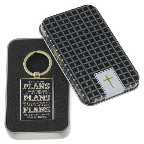 The Plans Modern Blue Grid Keychain in a Gift Tin - Jeremiah 29:11