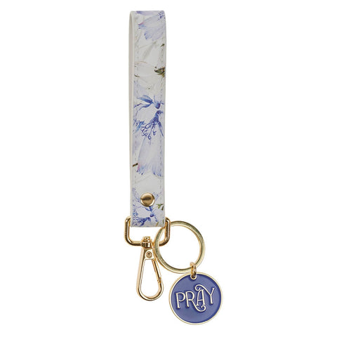 Pray Blue Floral Faux Leather Wristlet Keychain - Job 22:27