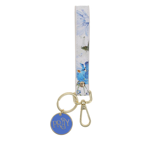 Pray Blue Floral Faux Leather Wristlet Keychain - Job 22:27
