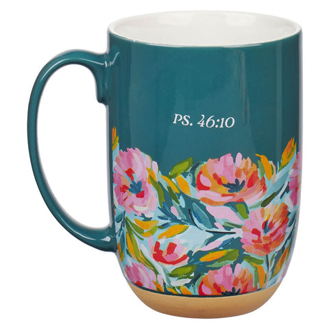 Be Still Teal Watercolor Floral Exposed Clay Base Ceramic Mug - Psalm 46:10