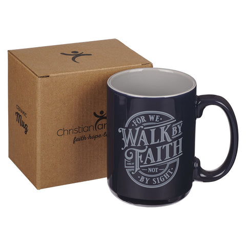 Walk By Faith Navy Blue Ceramic Coffee Mug - 2 Corinthians 5:7