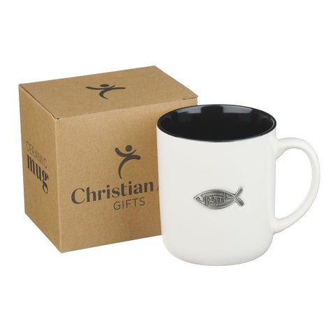 Jesus Fish Metal Inlay White Ceramic Coffee Mug - Matthew 28:19