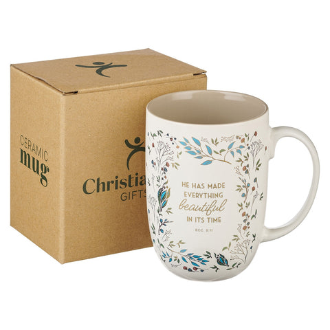 Everything Beautiful Cream Floral Ceramic Coffee Mug - Ecclesiastes 3:11