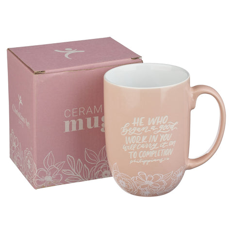 Good Work Pink Floral Ceramic Coffee Mug - Philippians 1:6