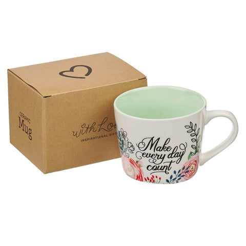 Make Every Day Count Green Floral Ceramic Coffee Mug