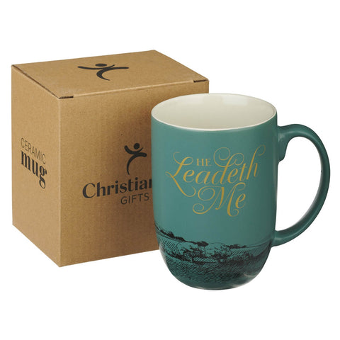 He Leadeth Me Deep Green Ceramic Coffee Mug – Psalm 23