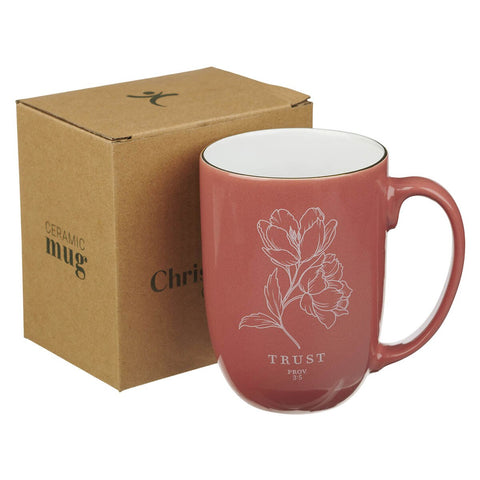 Trust Coral Rose Floral Ceramic Coffee Mug - Proverbs 3:5