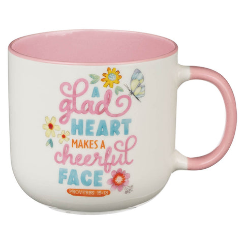A Glad Heart Makes a Cheerful Face Pink Ceramic Mug - Proverbs 15:13