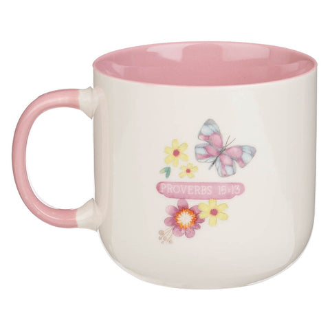 A Glad Heart Makes a Cheerful Face Pink Ceramic Mug - Proverbs 15:13