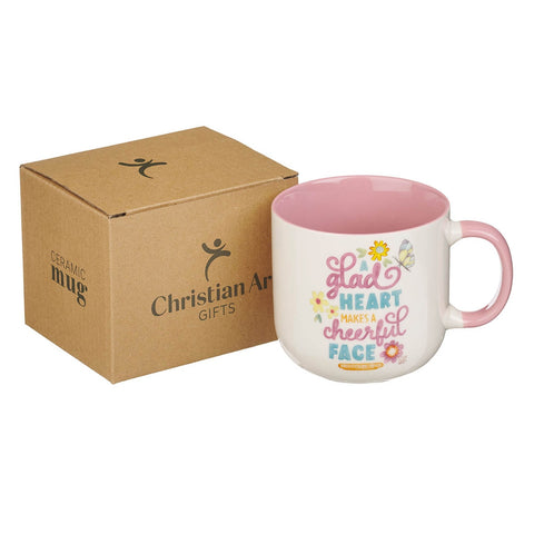 A Glad Heart Makes a Cheerful Face Pink Ceramic Mug - Proverbs 15:13