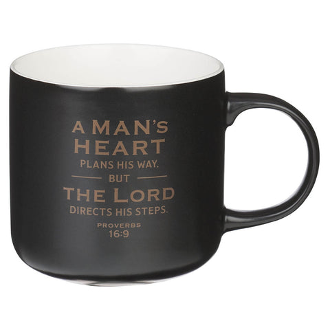 A Man's Heart Black Ceramic Coffee Mug - Proverbs 16:9