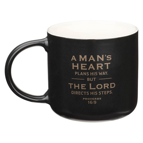 A Man's Heart Black Ceramic Coffee Mug - Proverbs 16:9