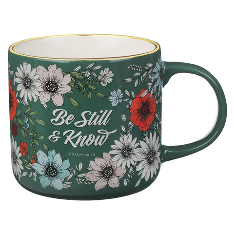 Be Still Teal Botanical Ceramic Coffee Mug - Psalm 46:10