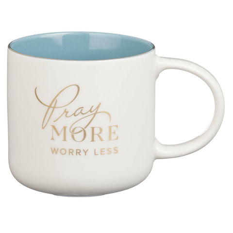 Pray More Worry Less Blue Ceramic Coffee Mug