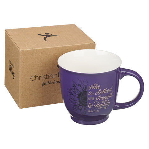 She is Clothed with Strength & Dignity Purple Ceramic Mug - Proverbs 31:25