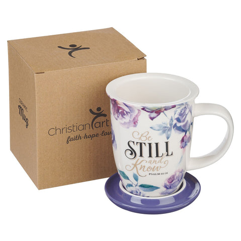Be Still and Know Lidded Ceramic Mug in Purple - Psalm 46:10