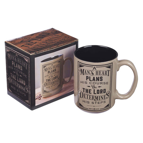 A Man's Heart Brown Ceramic Coffee Mug- Proverbs 16:9