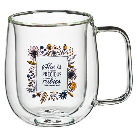 She is More Precious than Rubies Double-walled Glass Mug - Proverbs 3:15
